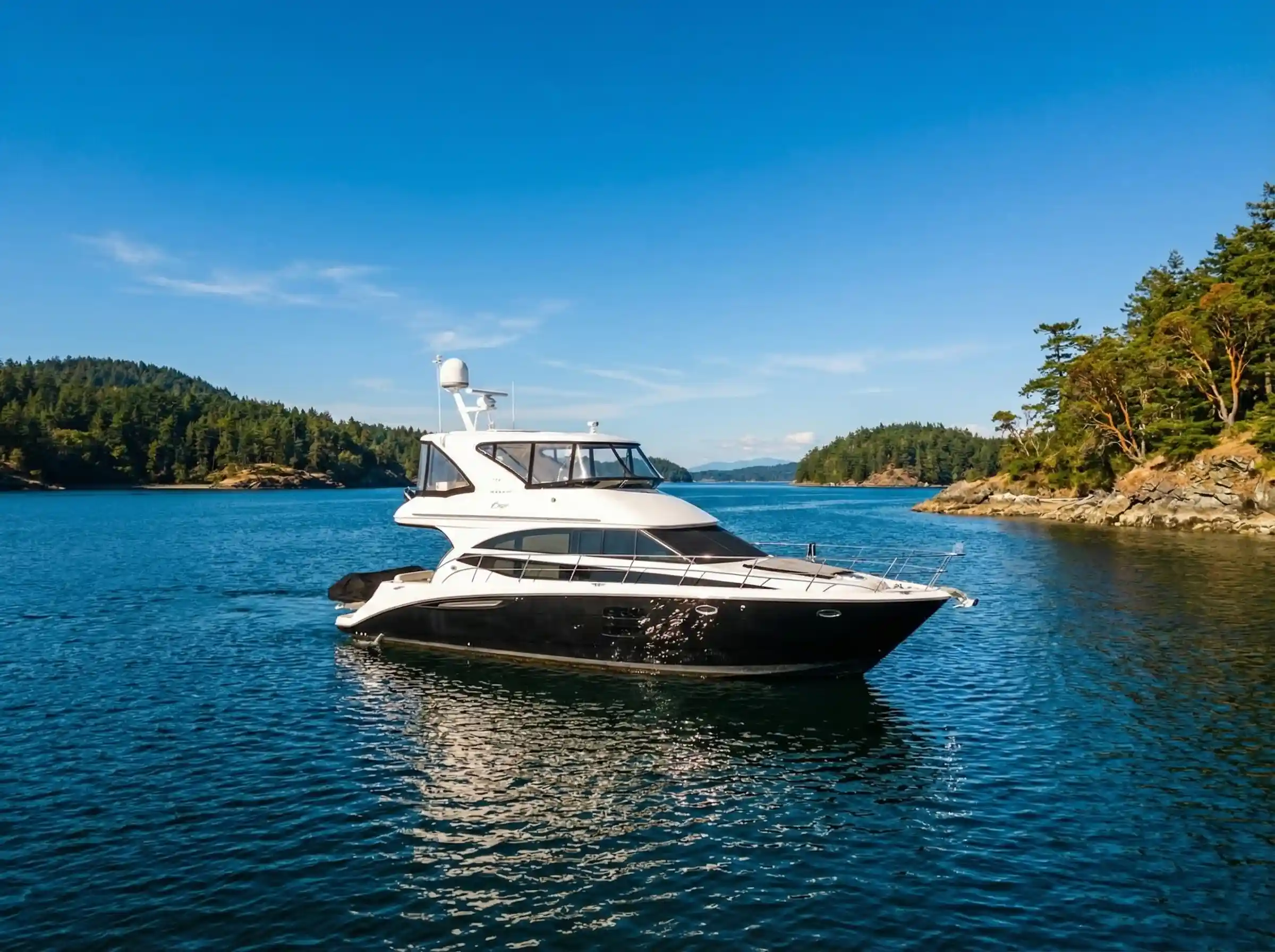 C Weed Meridian 441 luxury yacht full profile on calm BC waters